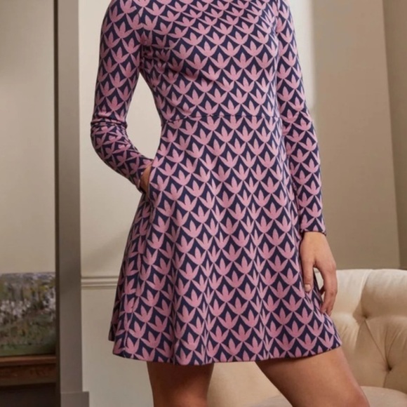 NWT Boden High Neck Jacquard Dress Dust Cloud Pink, Petal Geo - Picture 3 of 9